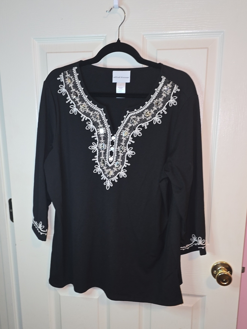 Alfred Dunner Black Tunic with White Metallic Embroidery Accents